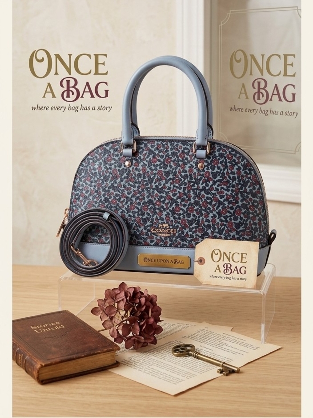 Coach Small Dome Satchel in Blue Floral Print with Black Trim